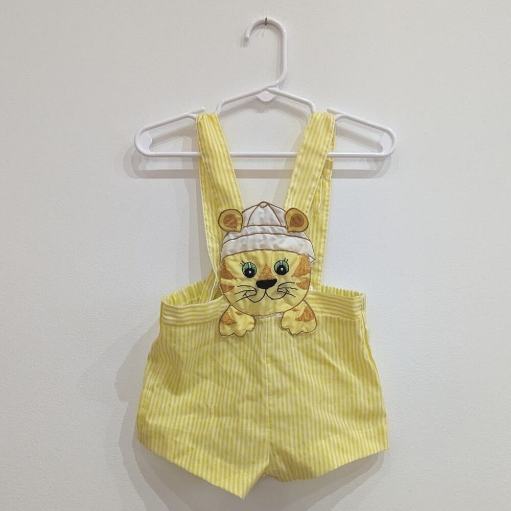 Vtg Yellow Tiger Face Cut Out Suspender Shortalls Baby Boys 9-12m
